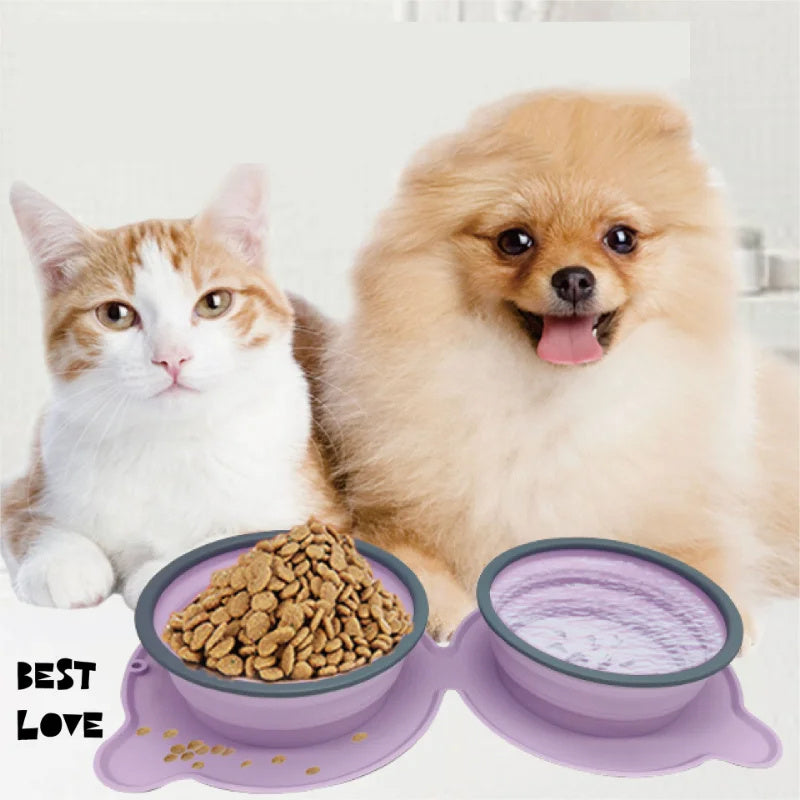 Portable Silicone Double Food Bowls Foldable Non-Slip Cat Bowl Pet Travel Anti-Choking Feeding Bowl Outdoor