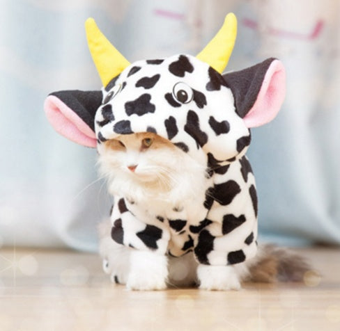New Pet Cat Coat Warm Cow Costume Sweatshirt Hooded Clothing Sweater Winter Clothes Cat Clothing Jumpsuits Cow
