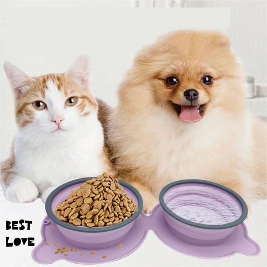 Portable Silicone Double Food Bowls Foldable Non-Slip Cat Bowl Pet Travel Anti-Choking Feeding Bowl Outdoor